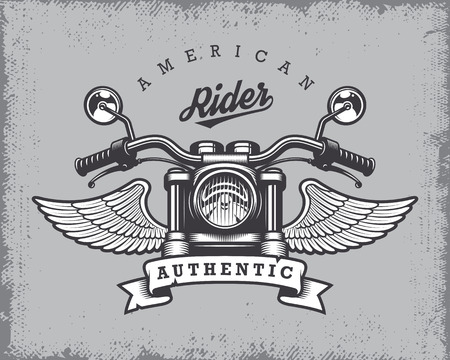 Vintage motorcycle print with motorcycle, wings and ribbon on grange background.のイラスト素材
