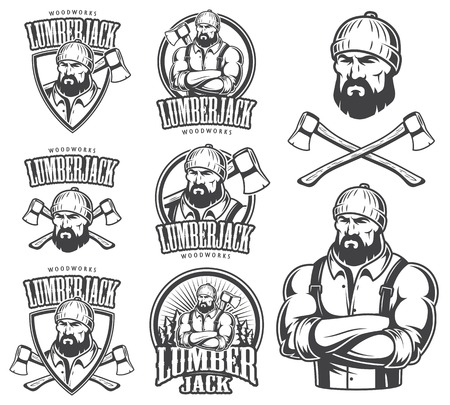 Vector illustration of lumberjack emblem, label, badge, logo and designed elements. Isolated on white background.のイラスト素材