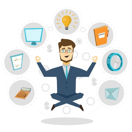 Concept poster with businessmen flying in lotus position and office decorative icons around vector illustrationのイラスト素材