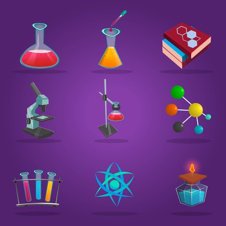 Chemistry lab colored icon set isolated with shadow tubes in different sizes manuals and other accessories vector illustrationのイラスト素材
