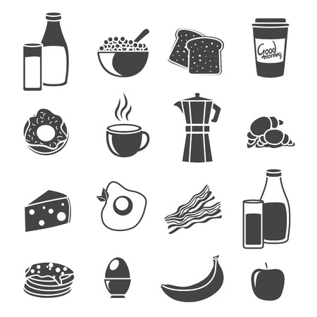 Flat icon set with sillhouettes of common breakfast elements food and dishes vector illustrationのイラスト素材