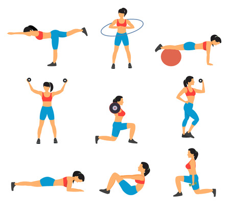 Fitness decorative flat icons set with collection of exercises with ball hoop weight dumbbells isolated vector illustrationのイラスト素材