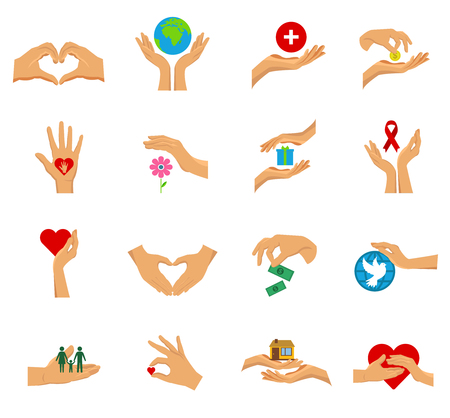 Flat isolated icon set with hands in different gestures symbols of charity care help and love vector illustrationのイラスト素材