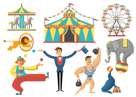 Circus decorative flat icons set with rides striped tent trained animals strongman clown isolated vector illustrationのイラスト素材