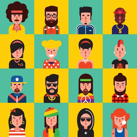 Avatar flat icon set with different types of colorful faces hairs and style vector illustrationのイラスト素材