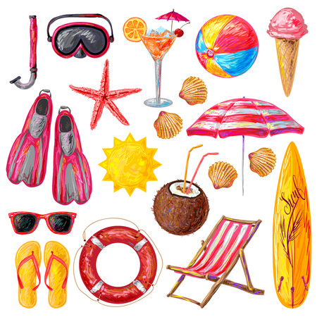 Summer holiday decorative icons set with sun icecream surfboard starfish shells mask snorkel flippers   isolated vector illustrationのイラスト素材