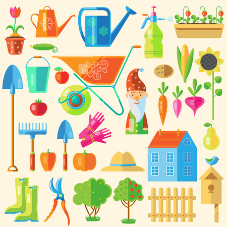 Colored icon set with devices for arranging and garden decoration and other attributes including the harvestのイラスト素材