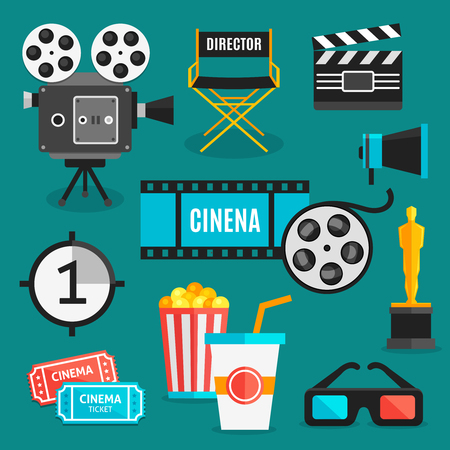 Cinema icon set with equipment for filming movies awards and accessories for viewing films vector illustrationのイラスト素材