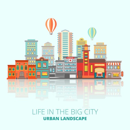 City buildings poster city located in the center and an inscription life in the big city urban landscape vector illustrationのイラスト素材