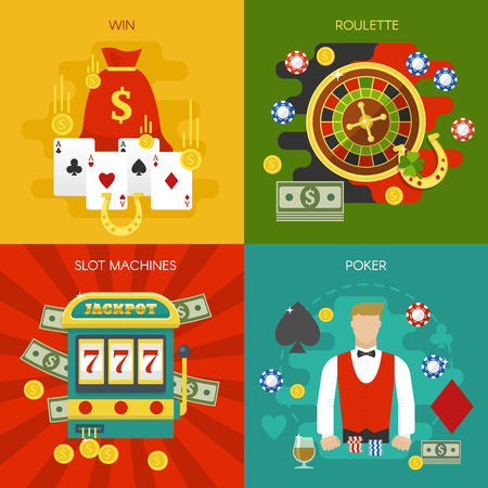 Entertainments at casino concept with slot machine winnings roulette poker dealer cards chips horseshoe isolated vector illustrationのイラスト素材
