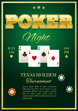 Poker tournament poster with four playing cards in center chips inscriptions stars on green background vector illustrationのイラスト素材