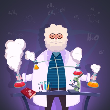 Professor of chemistry conducts experiments in the lab with test tubes and chemical elements poster vector illustrationのイラスト素材