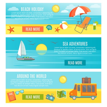 Three horizontal summer banner set with different types of tourism and recreation vector illustrationのイラスト素材