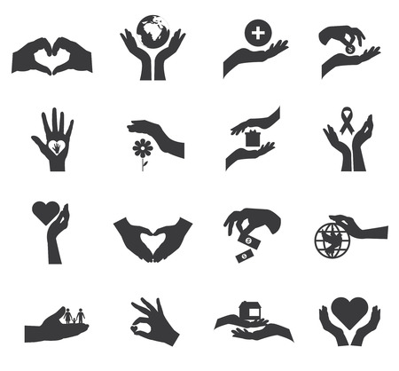 Flat icon isolated set with black silhouettes of hands in different careful gestures vector illustrationのイラスト素材