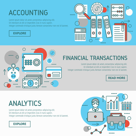 Accountant horizontal banners set with money banking card safe computer calculator briefcase folders abacus isolated vector illustrationのイラスト素材