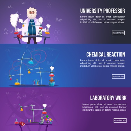 Chemistry Lab Colored horizontal Banner Set with titles university professor chemical reaction and laboratory work vector illustrationのイラスト素材