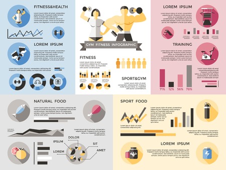 Gym fitness infographics set graphs and percentages for different themes of sports role of nutrition natural food and sport food in trainingのイラスト素材