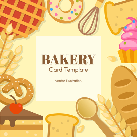 Bakery flat card template with place for inscription in center tools flour products on edge vector illustrationのイラスト素材