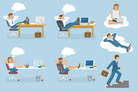 Dream job isolated icon set with people man and woman who dream and sitting on workplace vector illustrationのイラスト素材