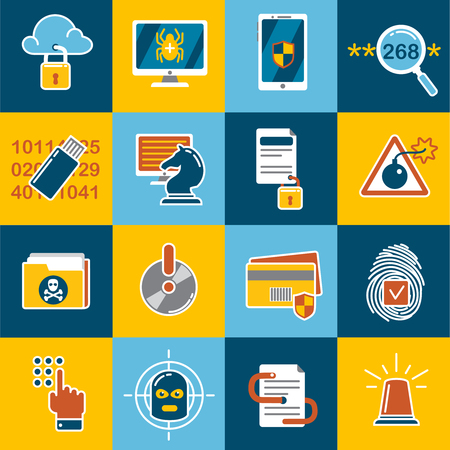 Data protection flat icon set with description of privacy policy on internet security against scams and viruses vector illustrationのイラスト素材