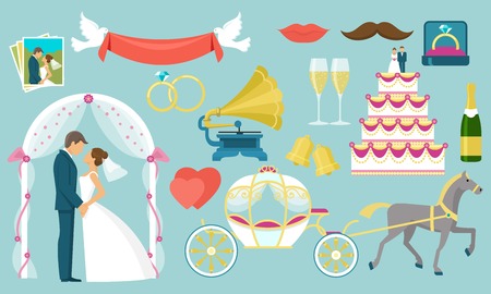 Flat colored wedding icon set with isolated figures of bride and groom and wedding attributes vector illustrationのイラスト素材