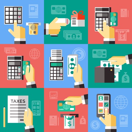 Electronic financial operations decorative icons set with hand banking card money smartphone payment terminal isolated vector illustrationのイラスト素材