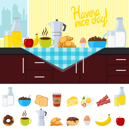 Breakfast flat composition with icon set at the bottom and poster have a nice day on top vector illustrationのイラスト素材