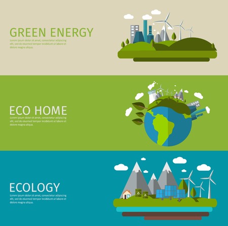 Three horizontal ecology flat banner set with titles green energy eco home and ecology vector illustrationのイラスト素材