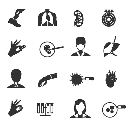 Bioengineering black isolated icon set on white background bioregulation cellular processes and the reconstruction of human organs vector illustrationのイラスト素材