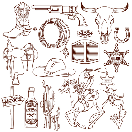 Wild west monochrome icon set with description of necessary things cowboy and local flavor vector illustrationのイラスト素材