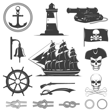 Pirates decorative vintage graphic icons set with sea knots skulls bones flag gun lighthouse isolated vector illustrationのイラスト素材