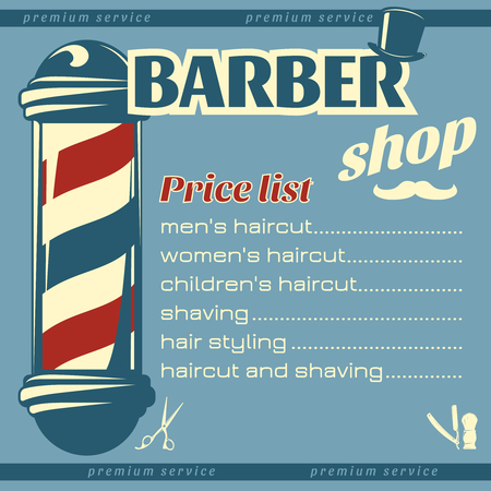 Barbershop price list template with big pole at left hairdresser accessories mustache on blue background vector illustrationのイラスト素材