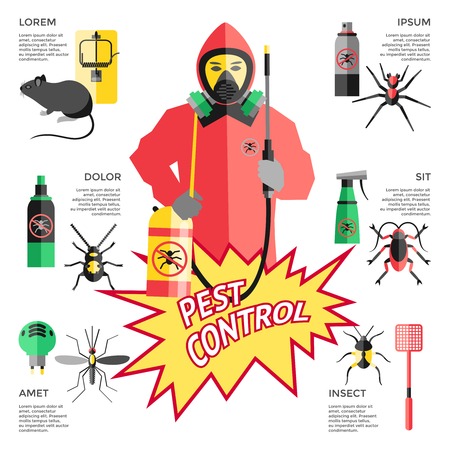 Service for pest control website with worker in protective clothes in center means of destruction vector illustrationのイラスト素材