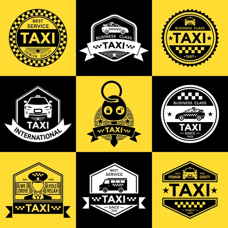 Taxi retro style labels with driver vehicle checkerboard pattern on yellow and black backgrounds  isolated vector illustrationのイラスト素材