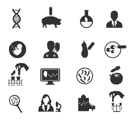 Biotechnology isolated black icon set with description of people conducting experiments and breeding vector illustrationのイラスト素材