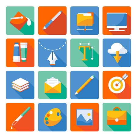 Web design flat icon set necessary things for designer and creative person his stuff in the workplace vector illustrationのイラスト素材