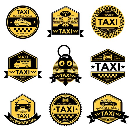 Taxi service black yellow emblems with driver cars minivan key stars checkerboard pattern isolated vector illustrationのイラスト素材