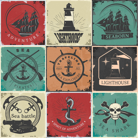 Sailing vintage stickers with lighthouse anchors rope skull sword ship gun bones rudder rays isolated vector illustrationのイラスト素材