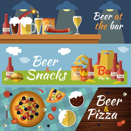 Three horizontal beer flat banner set with titles beer at the bar beer snacks beer and pizza vector illustrationのイラスト素材