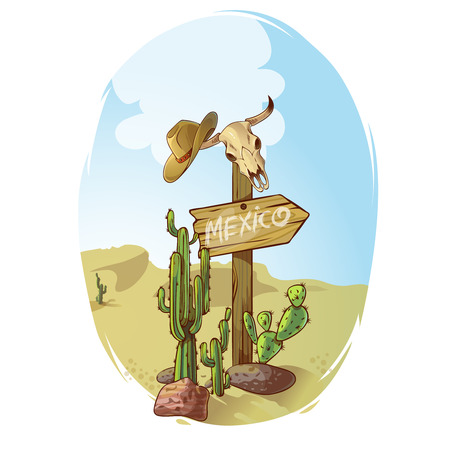 Wild west sign poster direction pointer toward Mexico in the desert among cactus and skulls vector illustrationのイラスト素材