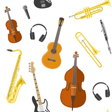 Flat music seamless background pattern with colored classical musical instruments on white background vector illustrationのイラスト素材