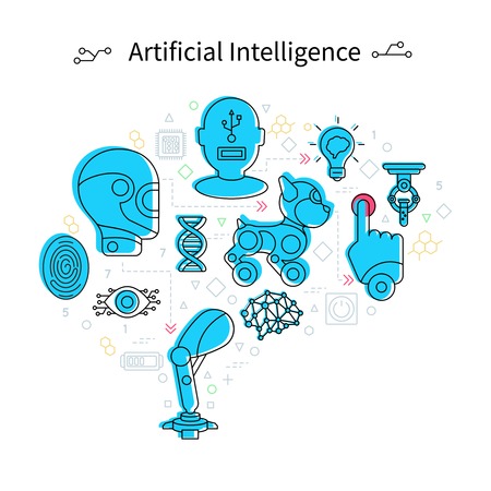 Artificial intelligence poster robots head and different tools in lyne style and blue color vector...
