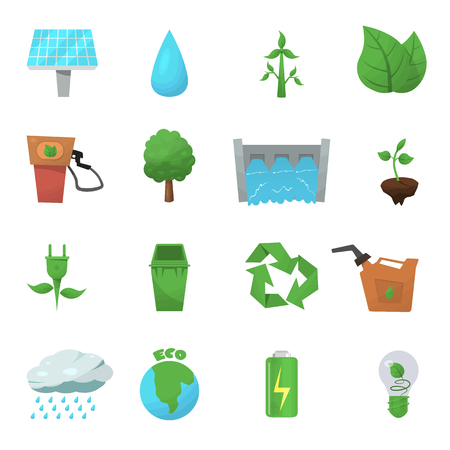 Ecology flat icon set with green plants conservation of nature and eco elements vector illustrationのイラスト素材