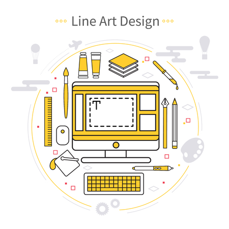 Line art design composition with accessories and equipment of designer in circle vector illustrationのイラスト素材