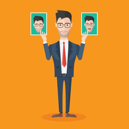 Facial expression icon man wearing a suit with photos in hand which shows different emotions vector illustrationのイラスト素材