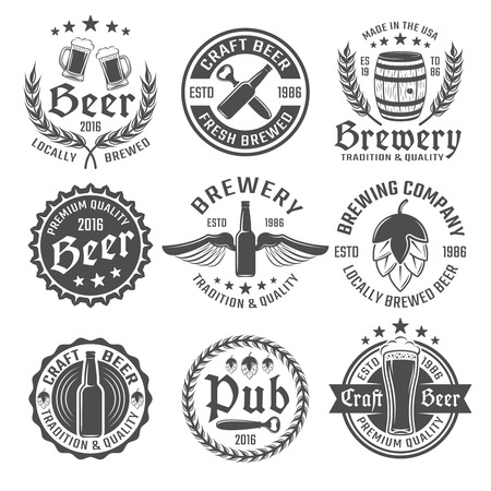 Beer round emblem or label set with descriptions of locally brewed beer craft beer premium quality vector illustrationのイラスト素材