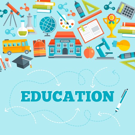 Education flat design with school building learning tools bus and inscription below on blue background vector illustrationのイラスト素材