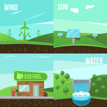 Four square ecology flat icon set on wind sun water and eco fuel themes vector illustrationのイラスト素材