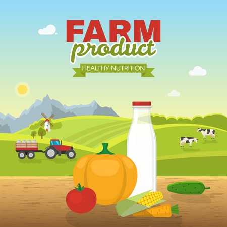 Healthy nutrition poster with dairy product and vegetables on wooden table farm landscape in background vector illustrationのイラスト素材
