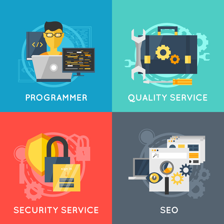 Four square program development flat colored icon set with descriptions of programmer quality and security service seo vector illustrationのイラスト素材